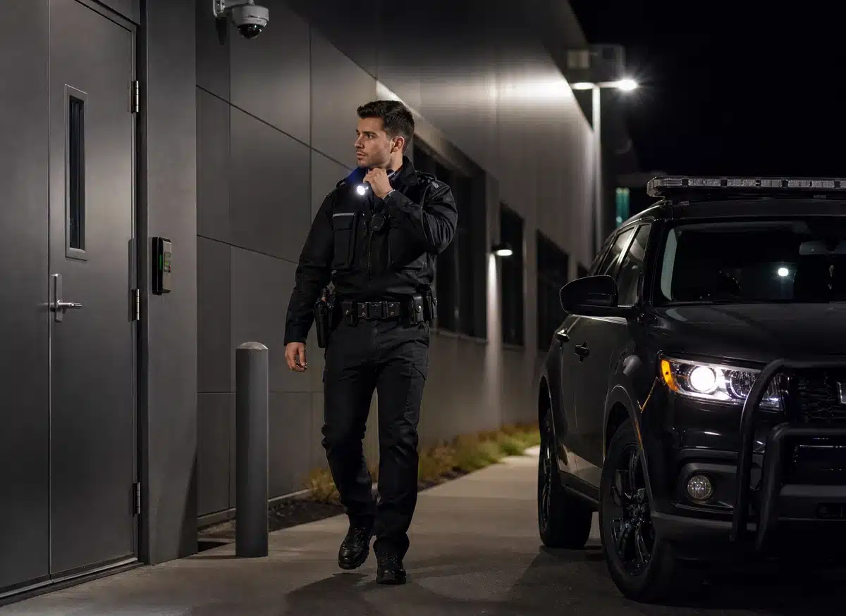Mobile security patrol officer inspecting property