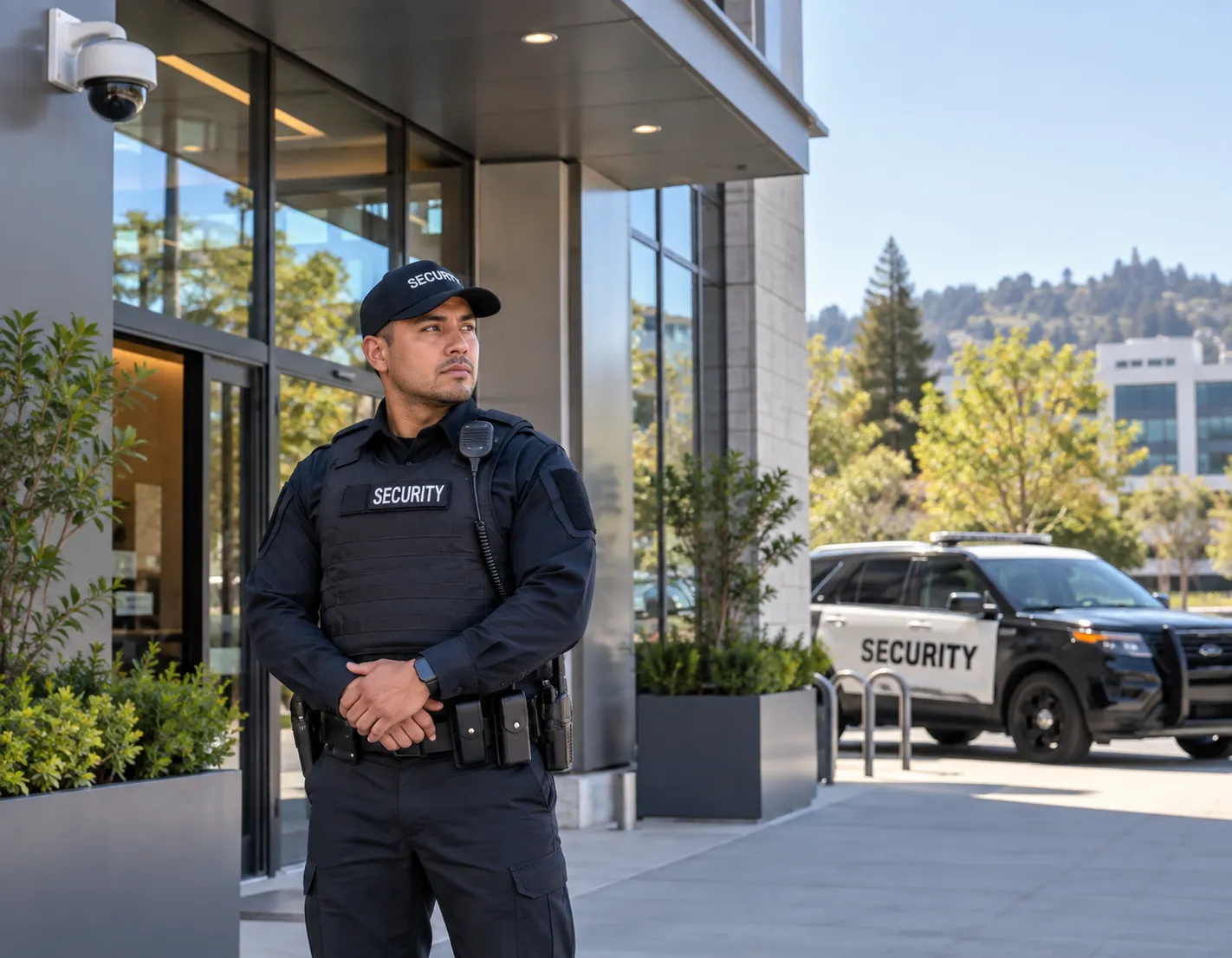 Professional security agency guard protecting entrance