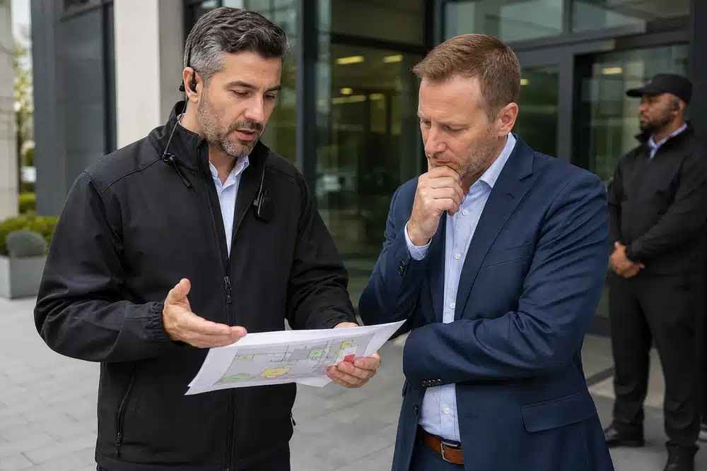 Security consultants reviewing risk management recommendations