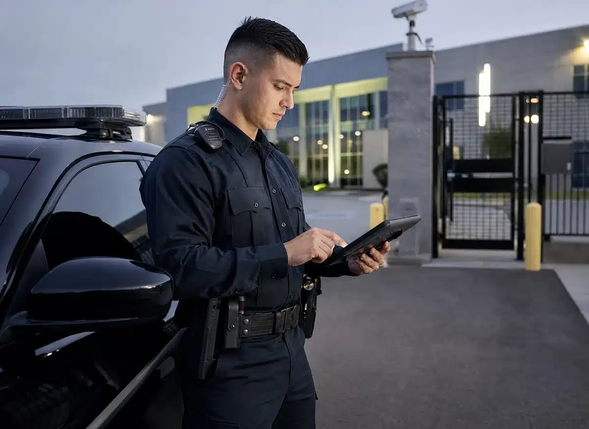 Security patrol officer documenting site activity