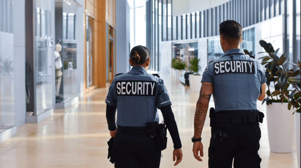 Armed security guards communicating with police during an emergency