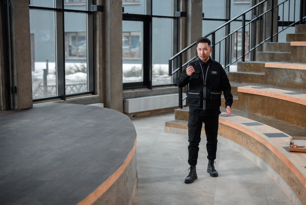 Armed security guard assessing a potential security threat