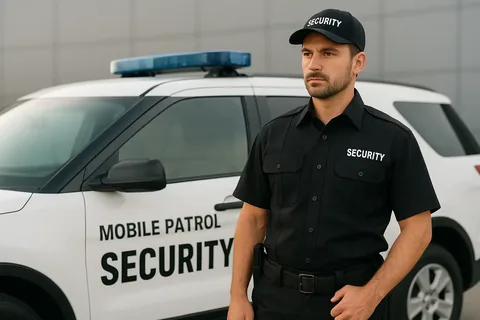 Mobile security patrol officer checking a commercial property