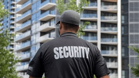 Armed security guards guiding people to safety during an emergency
